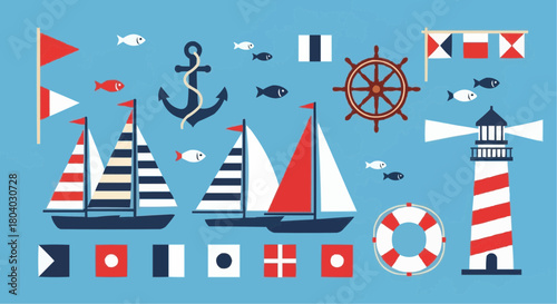 A collection of nautical elements including sailboats, a lighthouse, anchor, ship's wheel, lifebuoy, fish, and signal flags on a blue background.