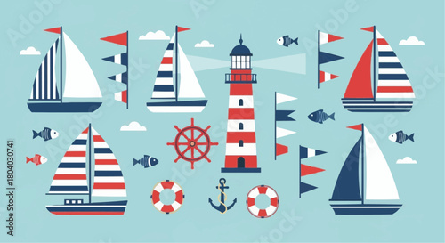 A vibrant flat design illustration featuring various nautical elements like sailboats, a striped lighthouse, fish, lifebuoys, an anchor, and a ship's wheel on a light blue background.