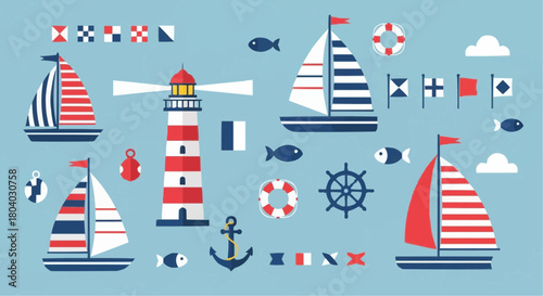 A collection of nautical and maritime vector icons featuring sailboats, a lighthouse, and signal flags.