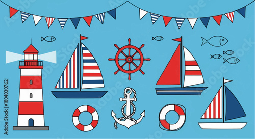 Nautical themed collection with lighthouse, sailboats, anchor, lifebuoys, ship's wheel, flags, and fish on a blue background.