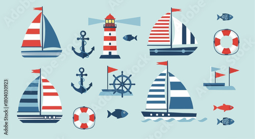 Flat design collection of nautical elements including sailboats, anchors, a lighthouse, fish, and lifebuoys on a light blue background.