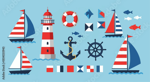 A collection of nautical and marine themed vector illustrations with sailboats and a lighthouse.