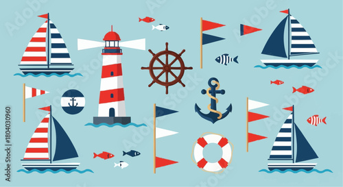 Collection of nautical themed elements including sailboats, a lighthouse, anchor, ship's wheel, lifebuoy, flags, and fish on a light blue background.