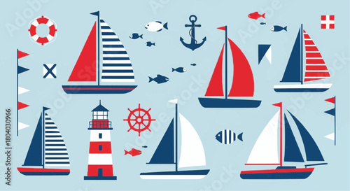 A vibrant collection of nautical elements including sailboats, a lighthouse, anchor, and fish on a light blue background.
