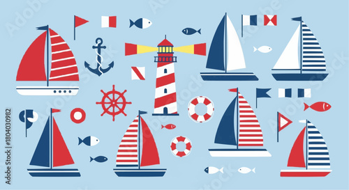 Nautical themed illustration with sailboats, lighthouse, anchor, and other sea related elements on a blue background.