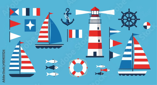 A collection of nautical vector illustrations featuring sailboats, a lighthouse, an anchor, and maritime flags.