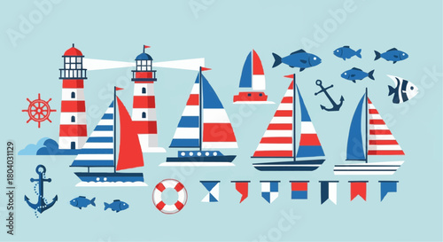 A vibrant collection of nautical elements including lighthouses, sailboats, anchors, fish, and flags on a light blue background, perfect for maritime themes.