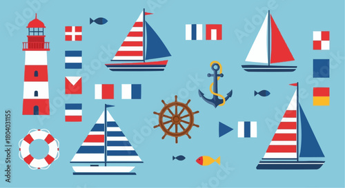 A collection of nautical themed elements including sailboats, lighthouse, anchor, ship's wheel, lifebuoy, fish, and signal flags on a blue background.