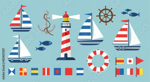 Nautical illustration featuring sailboats, lighthouse, anchor, life preserver, flags, and marine elements.