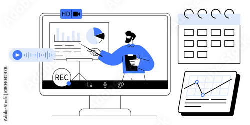 Presenter explaining graphs and charts via video conference on screen with HD symbol, recording tools, calendar, and analytics. Ideal for remote work, data sharing, video tutorials, education