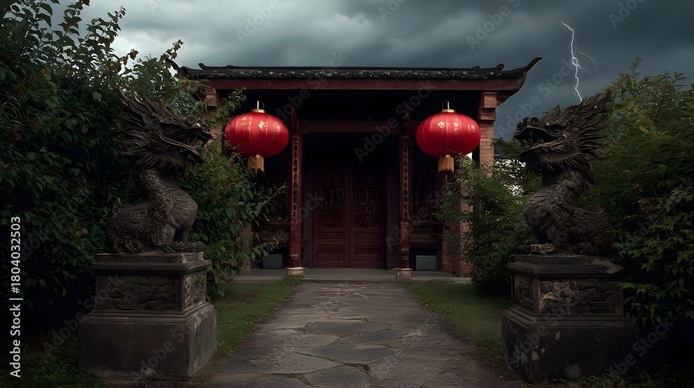 Obraz premium Dramatic stormy sky with lightning over a traditional Chinese temple entrance guarded by stone dragons and illuminated by red lanterns