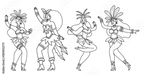 Carnival Women Dancers in Masquerade costumes with Feathers. Outline Festive Party Doodle set. Isolated Hand drawing. Vector Illustration. lively holiday spirit and rhythmic celebration. Not AI