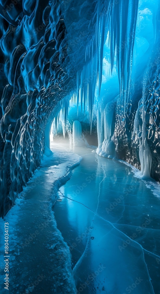 Fototapeta premium Stunning Ice Cave Pathway with Icicles and Frozen Stream.