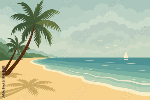 Vector Illustration of a Peaceful Tropical Beach with soft golden sand, turquoise ocean waves, and gently leaning palm trees casting long shadows.