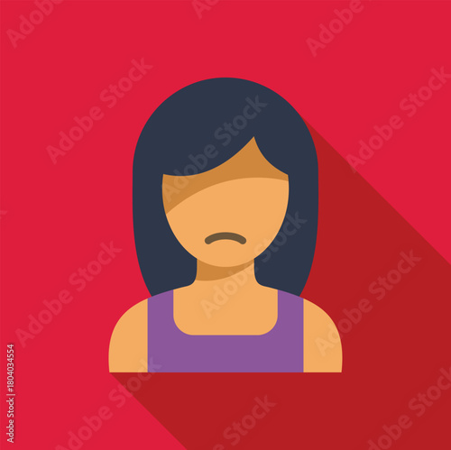 Sad woman with long black hair and purple tank top showing displeasure with a frowning expression