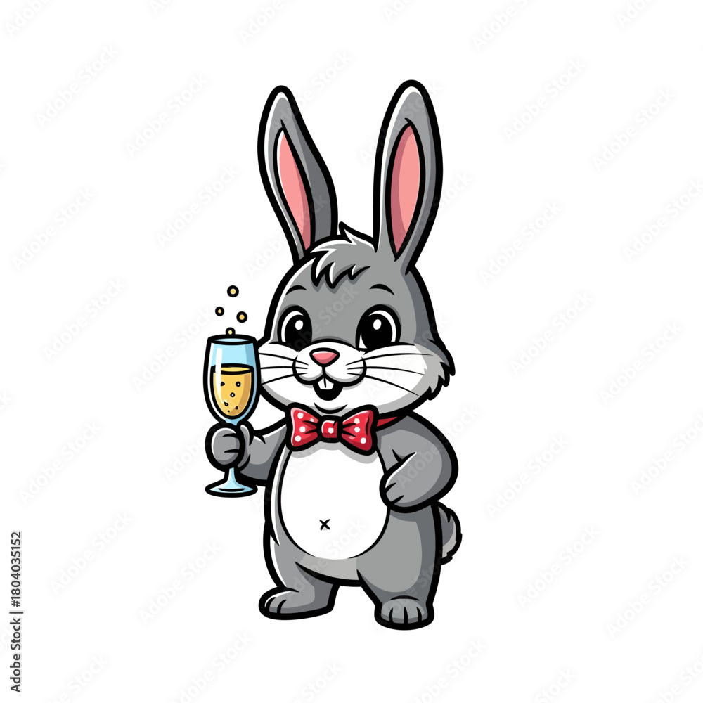 Obraz premium Cheerful cartoon rabbit, dressed in a red bow tie, joyfully raising a glass of sparkling champagne. This delightful illustration embodies festive celebration and happy moments