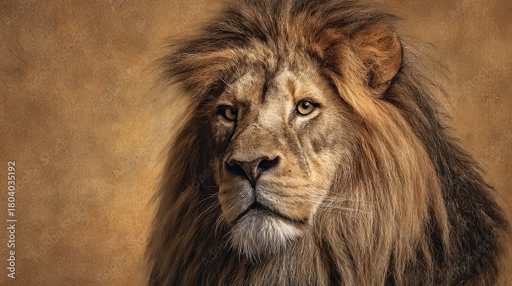 Naklejka premium Majestic lion's intense gaze evokes power, courage, and royalty in a stunning portrait