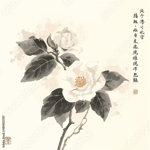 White camelia flowers on white glowing background. Traditional oriental ink painting sumi-e, u-sin, go-hua. Translation of hieroglyph - clarity.