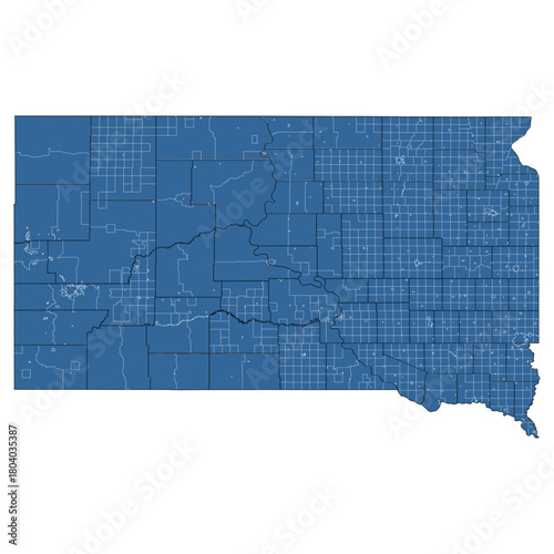Vector outline map of South Dakota state divided into counties and townships