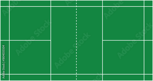 Minimalist vector illustration of a badminton court layout, showing boundary lines, center net, service areas, and sidelines, ideal for sports rules, training, and diagram use.