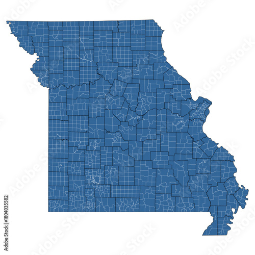 Vector outline map of Missouri state divided into counties and townships