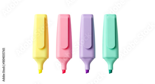 Pastel colored highlighters isolated on transparent background set of four markers in yellow, pink, purple and green school or office supplies for students png