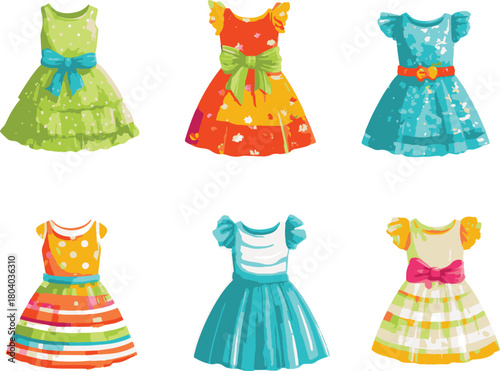 Vibrant, colorful baby girl summer dress collection, PNG format.