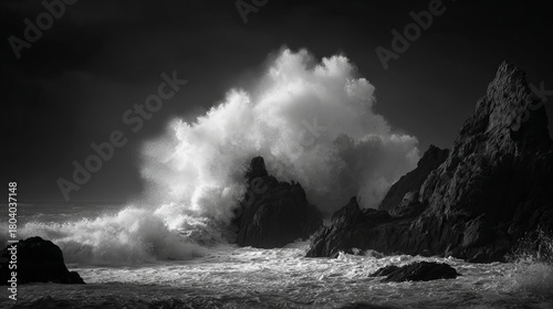 Fototapeta Naklejka Na Ścianę i Meble -  Dramatic black and white crashing waves against rugged coastal rocks create a powerful, wild ocean scene