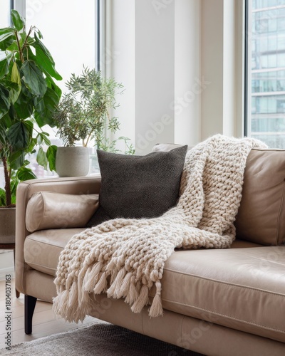 Sunlit Cozy Armchair Corner with Plants.Cozy corner of a living room with armchair and soft natural sunlight. Perfect for themes of relaxation, mindfulness, therapy, reading and emotional comfort.