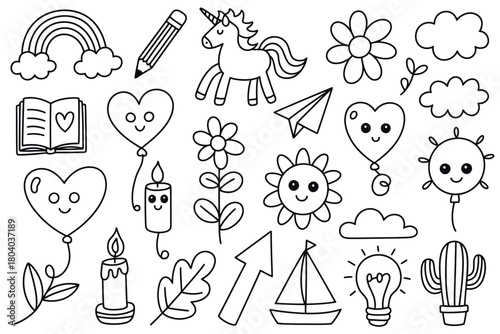 A collection of simple, charming doodle illustrations featuring a unicorn, rainbow, hearts, and other whimsical elements.