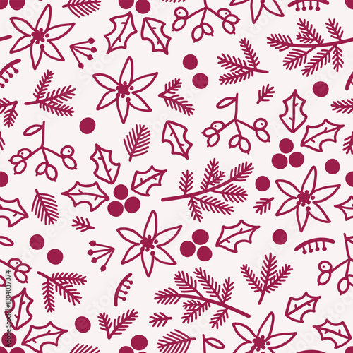 Hand drawn floral seamless pattern with traditional Christmas elements, holly leaves and berries. Vintage style.