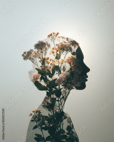 Artistic double exposure portrait combining a female silhouette with blooming flowers. Growth, healing, mindfulness, and emotional transformation concept