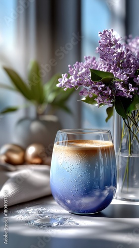Refreshing butterfly pea latte with lilac flowers