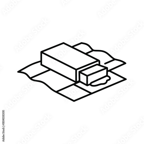 Hand drawn illustration of a stick of butter unwrapped and slightly melted