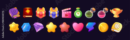 Game ui kit icons stars colored ribbons menus and status bars for online web or smartphone games