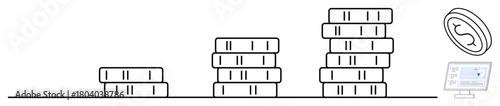 Coins arranged in ascending stacks symbolizing financial growth, accompanied by a computer screen and standalone coin. Ideal for finance, investment, success, strategy, economy, savings income. A