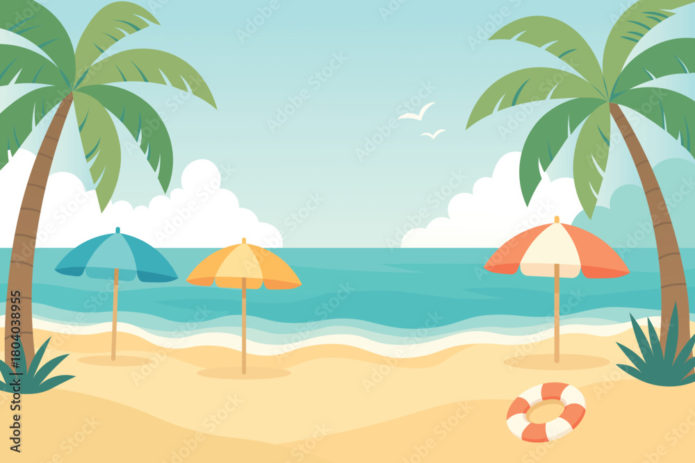 Fototapeta premium Serene beach scene with palm trees and colorful umbrellas
