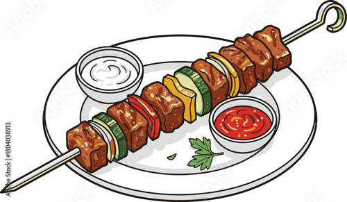 Hand drawn illustration of a delicious meat skewer with dipping sauces on a plate