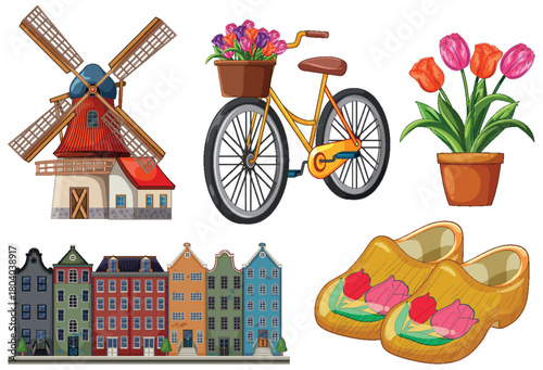 Dutch Icons Collection with Windmill, Bicycle, Tulips, and Wooden Shoes