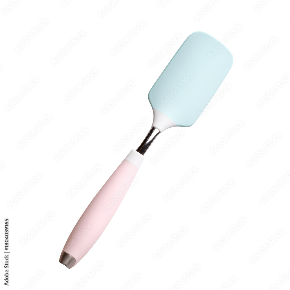 Fototapeta premium Stylish pastel kitchen spatula with a light blue silicone head and a soft pink handle, featuring a sleek metallic accent, isolated on black. background removed