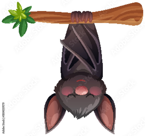 Cartoon Bat Hanging Upside Down from Tree Branch