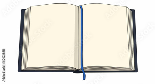 An open hardcover notebook with empty cream-colored pages and a blue ribbon bookmark, isolated on a white background.