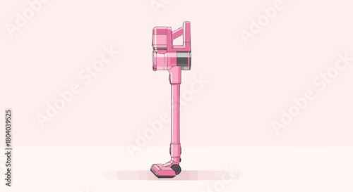A vibrant pink cordless stick vacuum cleaner standing upright against a soft pink background, showcasing its sleek design and modern features.