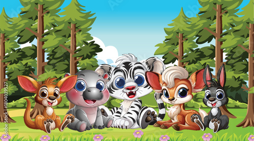 Cute Baby Animals Sitting Together in Forest Clearing