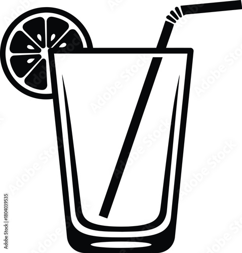 Simple outline drawing of a tall glass with a straw and lemon slice