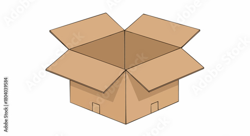 A simple illustration of an empty brown cardboard shipping box with its top flaps open, isolated on a white background.