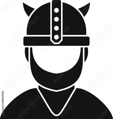 Black silhouette of a bearded viking warrior wearing a horned helmet with metal decorations