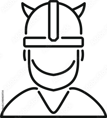 Line drawing of a smiling viking warrior wearing a horned helmet, representing norse mythology and strength
