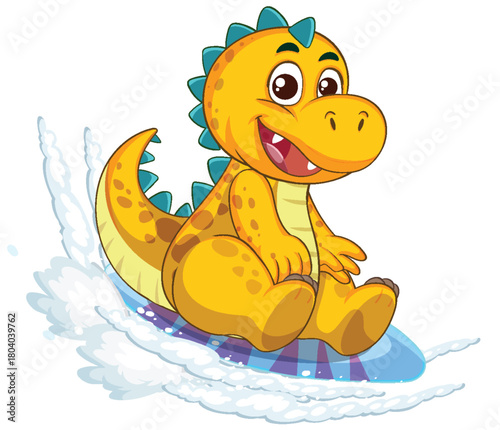 Playful Dinosaur Sliding on a Surfboard