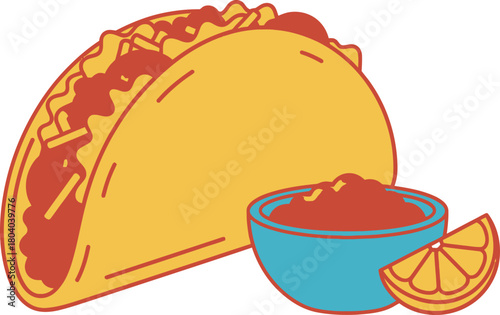 Delicious taco with a side of salsa and chips illustration